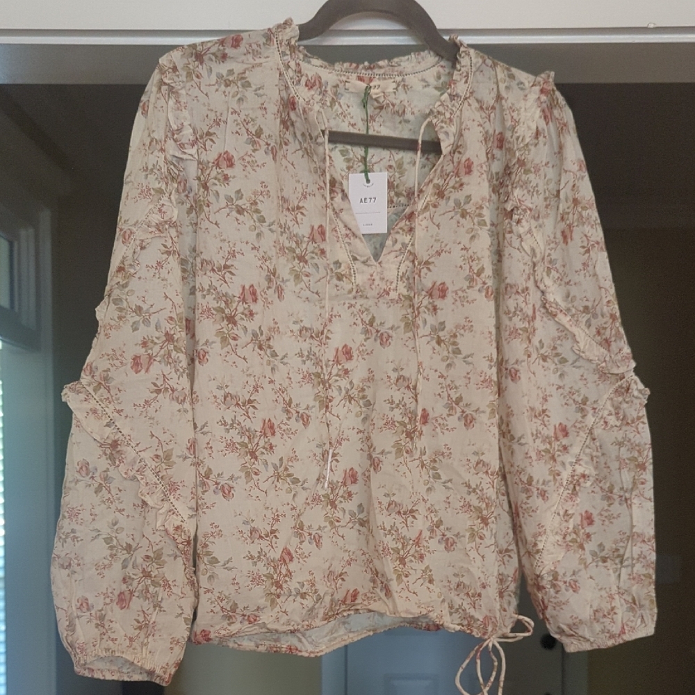 Cream and Pink Ruched Tie Front Blouse